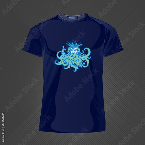 Original print for t-shirt. Blue t-shirt with fashionable design - Poseidon or Neptune head. Vector Illustration
