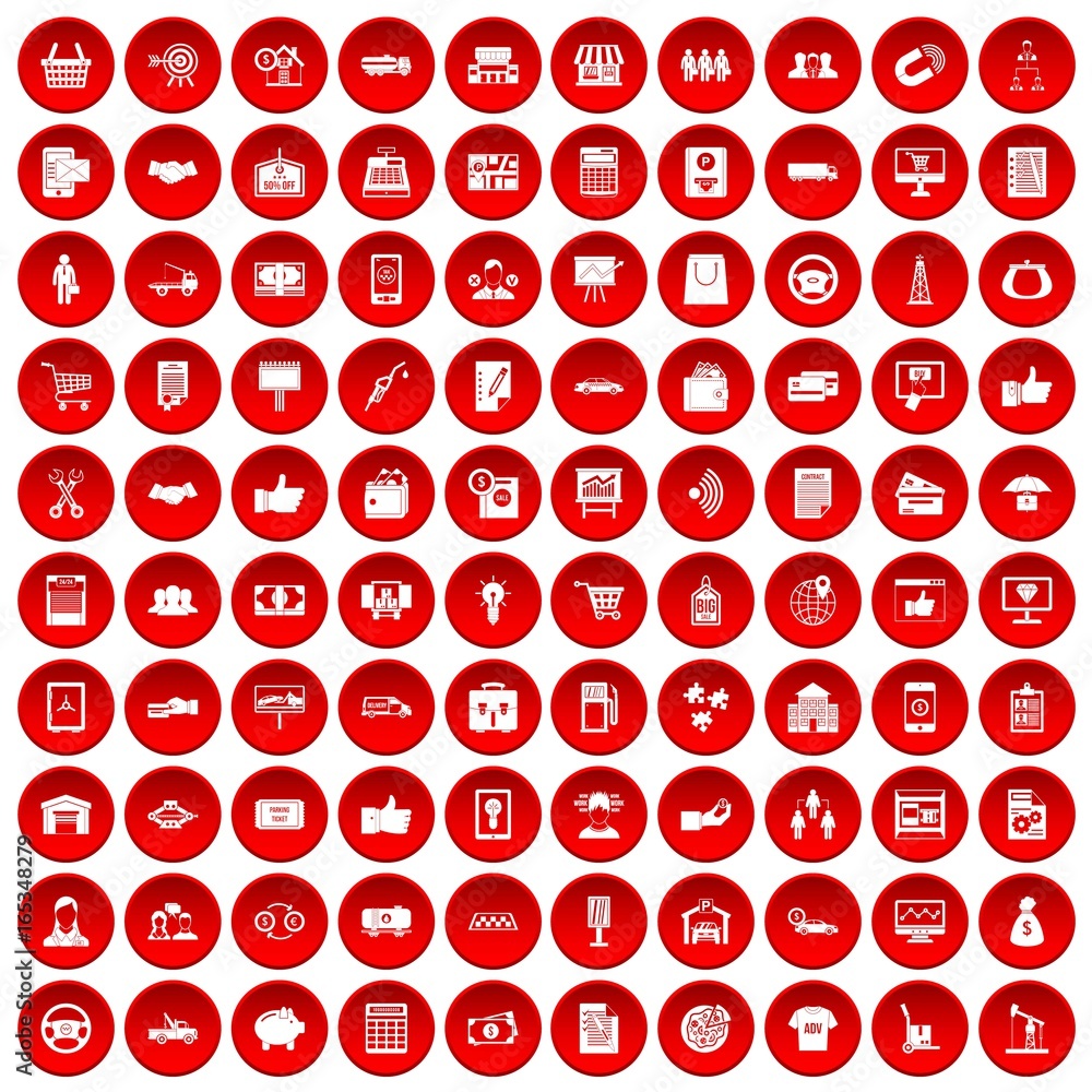 100 business icons set red 100 business icons set red
