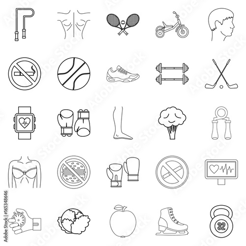 Workout icons set, outline style
