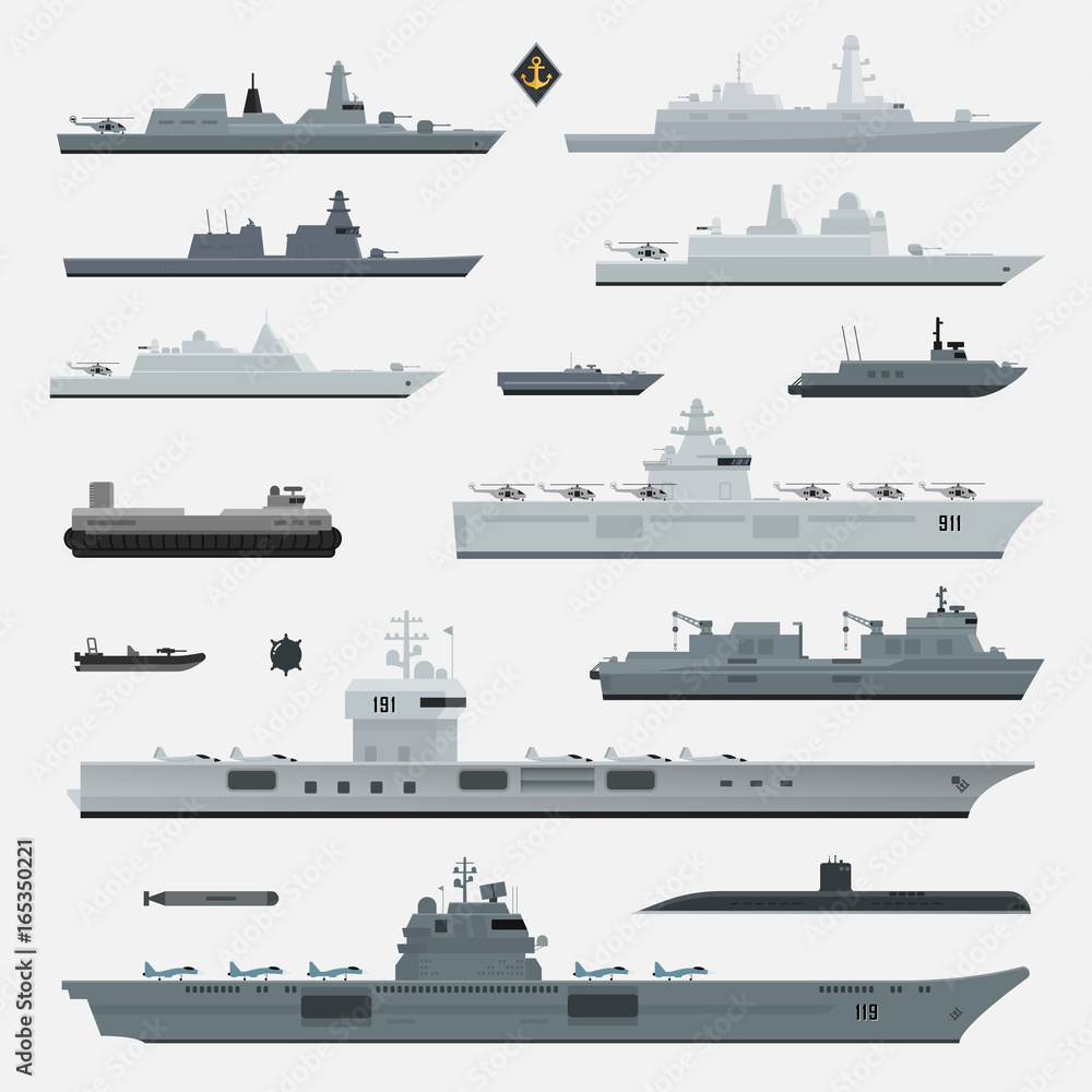 Military weapons of navy battleship. Vector illustration.