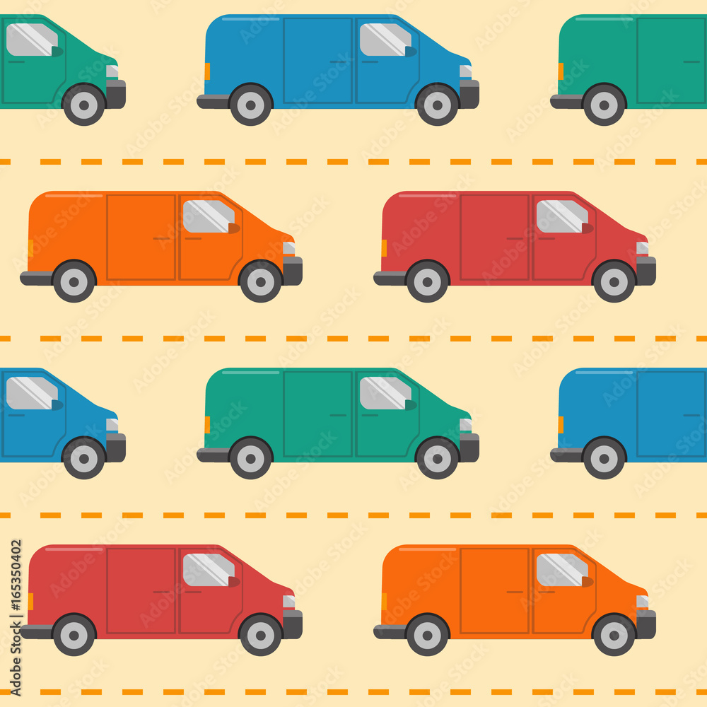Seamless pattern with colorful minivan cars in flat style on the road