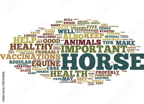 EQUINE HEALTH FIVE TIPS FOR A HEALTHY HORSE Text Background Word Cloud Concept