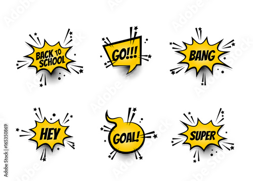 Lettering back school, go, goal, football, super, hey. Set comics book balloon. Bubble speech phrase. Cartoon exclusive font label tag expression. Comic text sound effects. Sounds vector illustration.
