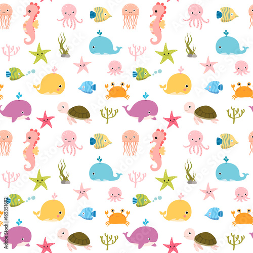 Cute vector colorful seamless pattern with sea animals for kids and baby summer designs