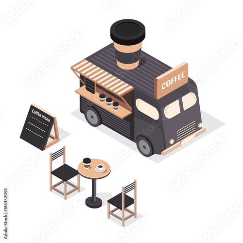 Vector isometric food trucks.