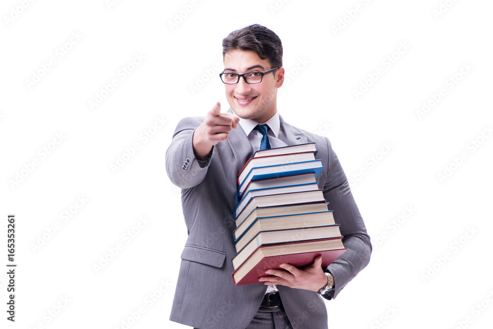 Businessman student carrying holding pile of books isolated on w Businessman student carrying holding pile of books isolated on w