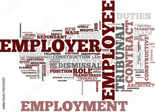 EMPLOYMENT LAW UNFAIR DISMISSAL CONSTRUCTIVE DISMISSAL LAST STRAW Text Background Word Cloud Concept