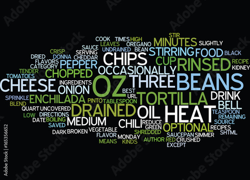 BEST RECIPES THREE BEAN ENCHILADA CHILI Text Background Word Cloud Concept