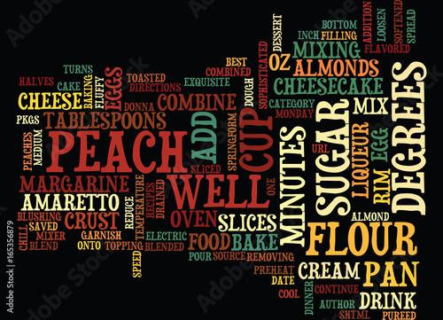BEST RECIPES AMARETTO PEACH CHEESECAKE Text Background Word Cloud Concept