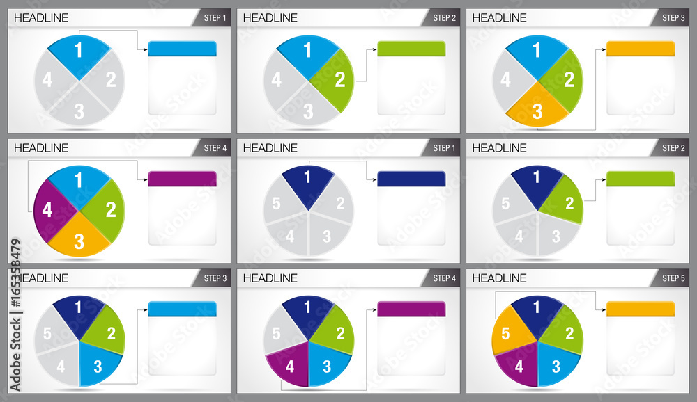 Circular pie divided into 4 equal parts and circular pie divided into 5 ...