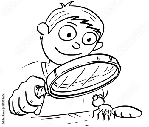 Cartoon Illustration of Boy with Hand Magnifying Glass Looking at Ant
