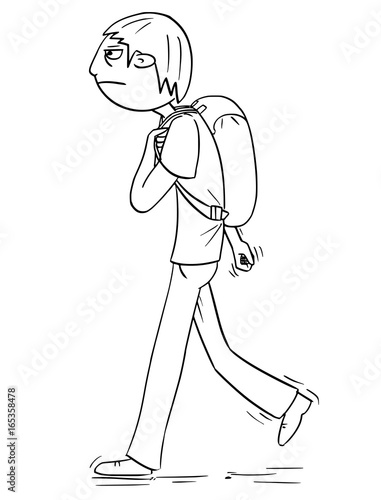 Cartoon Illustration of Boy with Backpack or Schoolbag Walking