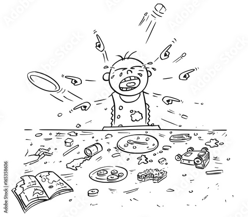 Cartoon Illustration of Spoiled Spoilt Crying Baby Doing Mess During Eating