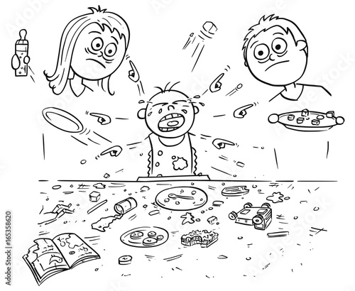 Cartoon Illustration of Spoiled Spoilt Crying Baby Doing Mess During Eating