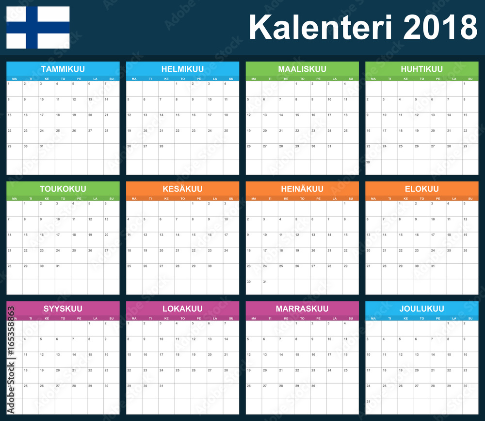 Finnish Planner blank for 2018. Scheduler, agenda or diary template. Week starts on Monday Finnish Planner blank for 2018. Scheduler, agenda or diary template. Week starts on Monday