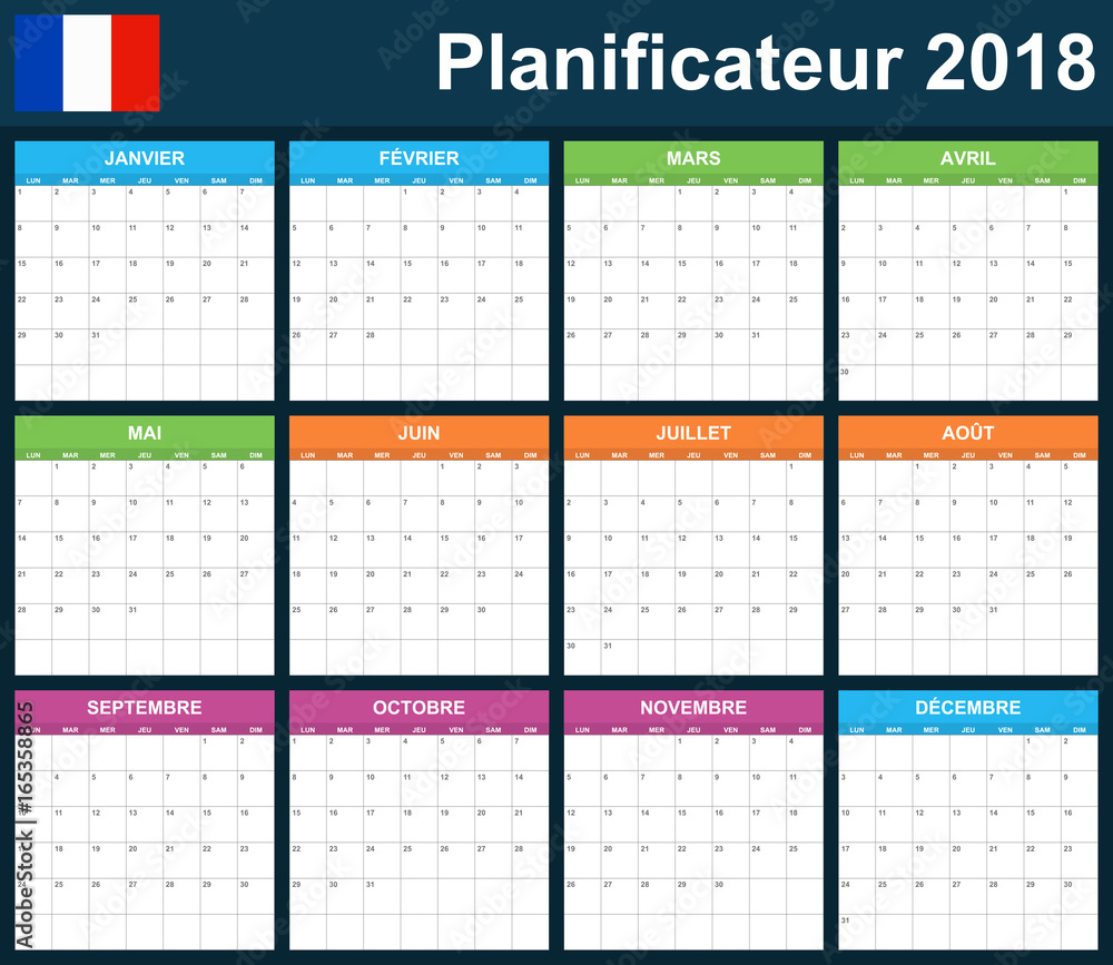 French Planner blank for 2018. Scheduler, agenda or diary template. Week starts on Monday French Planner blank for 2018. Scheduler, agenda or diary template. Week starts on Monday