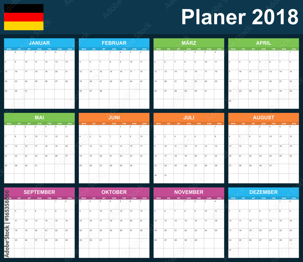 German Planner blank for 2018. Scheduler, agenda or diary template. Week starts on Monday German Planner blank for 2018. Scheduler, agenda or diary template. Week starts on Monday