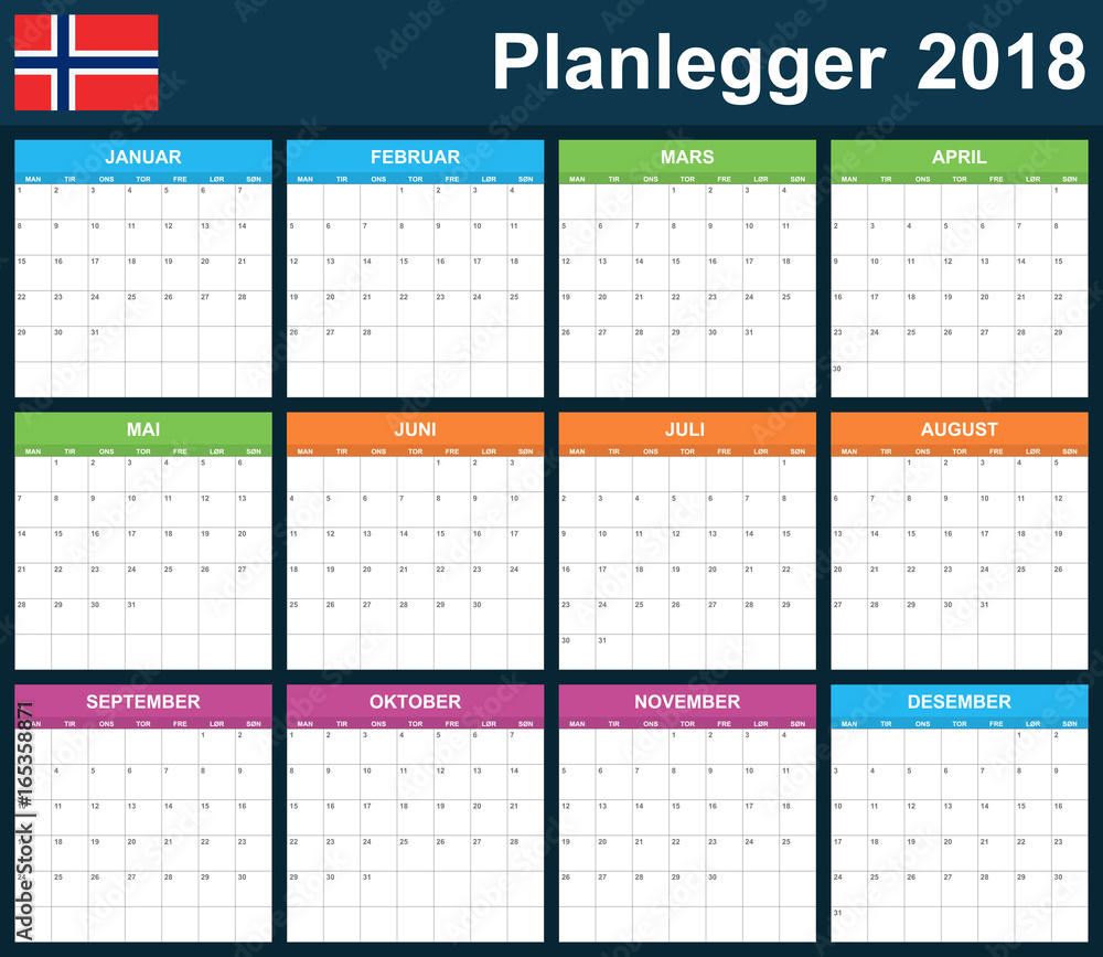 Norwegian Planner blank for 2018. Scheduler, agenda or diary template. Week starts on Monday Norwegian Planner blank for 2018. Scheduler, agenda or diary template. Week starts on Monday