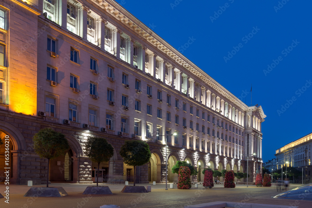 Night photo of Buildings of Council of Ministers and Former Communist Party House in Sofia, Bulgaria