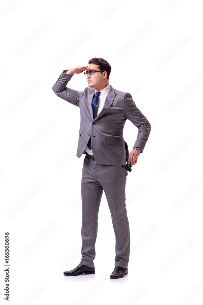 Young man with binoculars isolated on white Young man with binoculars isolated on white