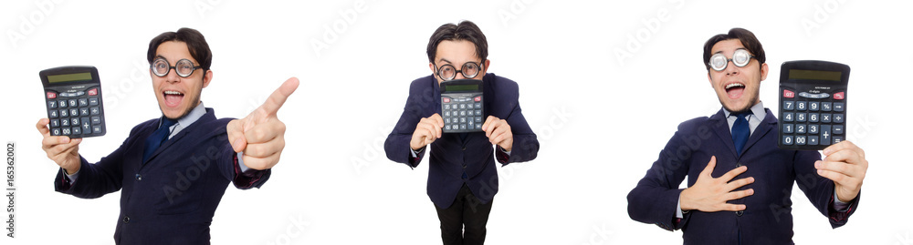 Funny man with calculator isolated on white Funny man with calculator isolated on white