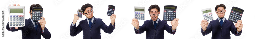 Funny man with calculator isolated on white Funny man with calculator isolated on white