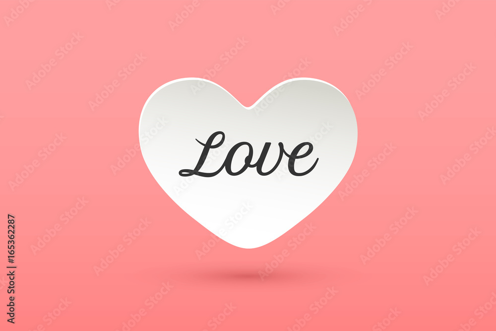 Icon of white paper heart with lettering Love for Valentine Day on pink background. Greeting card for Valentine Day. Hand drawn graphic design. Inspiration colorful concept. Vector Illustration