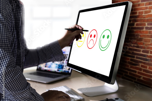 business man and woman select happy on satisfaction evaluation? And good mood smiley and evaluate