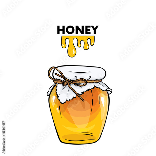 A beautiful jar of honey covered with a napkin with a bow of rope. Realistic illustration with objects isolated on a white background.