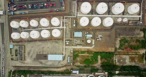 JAKARTA, Indonesia. July 10, 2017: Top view of oil tanks and containers in Tanjung Priok industrial port. Shot in 4k resolution
 photo