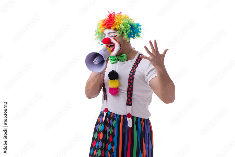 Funny clown with a megaphone isolated on white background Funny clown with a megaphone isolated on white background
