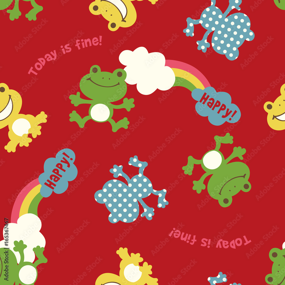 Frog and rainbow repeat design seamless texture Red