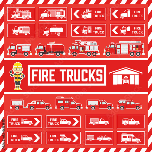Fototapeta Naklejka Na Ścianę i Meble -  Vector Fire Trucks in Flat Design, Set of Icons and Signs of Fire Trucks for Book and Web Decoration, Cute Safety Fireman Cartoon