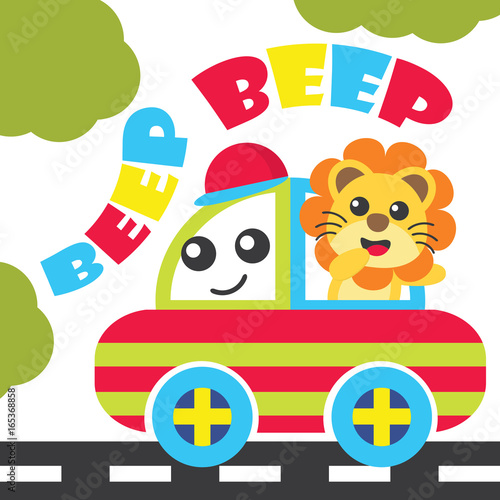 Cute lion drives a car on the street vector cartoon illustration for kid t shirt design  nursery wall  and wallpaper