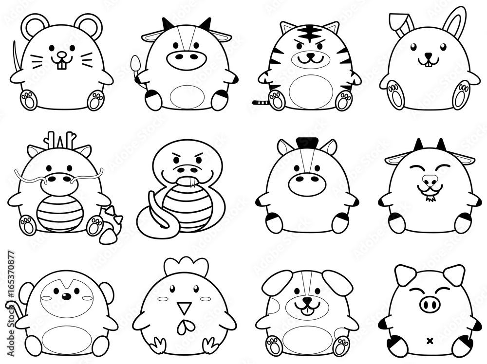 Simple outline cute fatty cartoon of chinese zoidac horoscope animal sign collection set