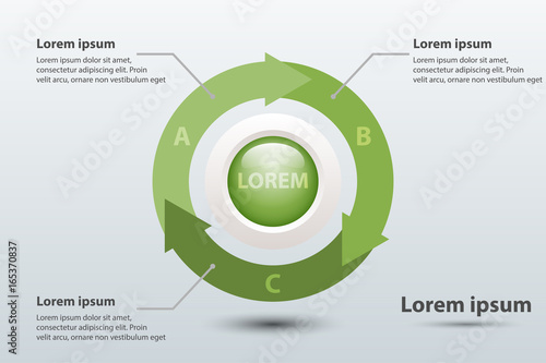 Three topics green arrow chart 3d paper with circle in center for website presentation cover poster vector design infographic illustration concept
