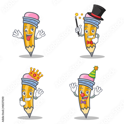 Set of pencil character with crazy magician king clown