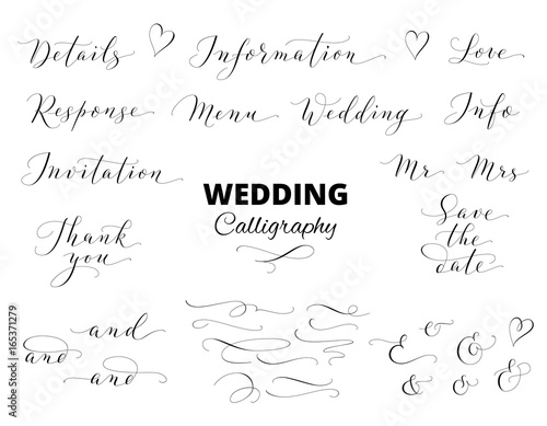 Wedding hand written calligraphy set isolated on white. Great for wedding invitations, cards, banners, photo overlays.  photo