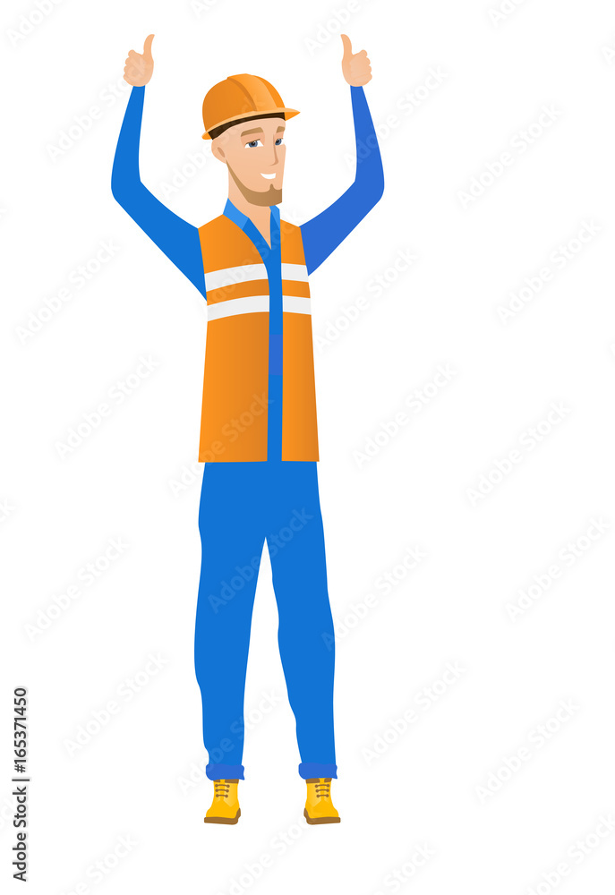 Caucasian builder standing with raised arms up. Caucasian builder standing with raised arms up.