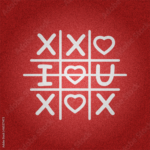 White tic tac toe game with I love you sign symbol on red denim texture background vector concept design illustraion