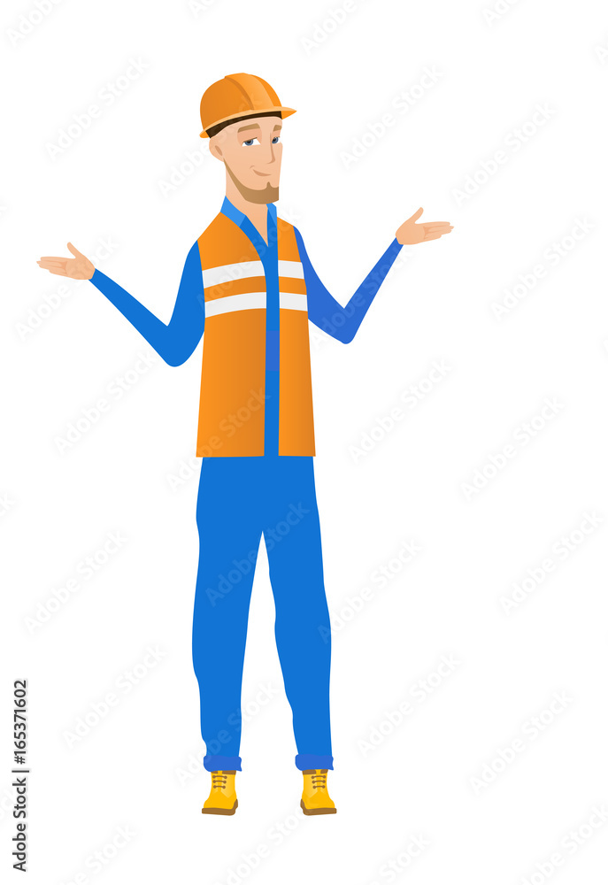 Confused young caucasian builder with spread arms