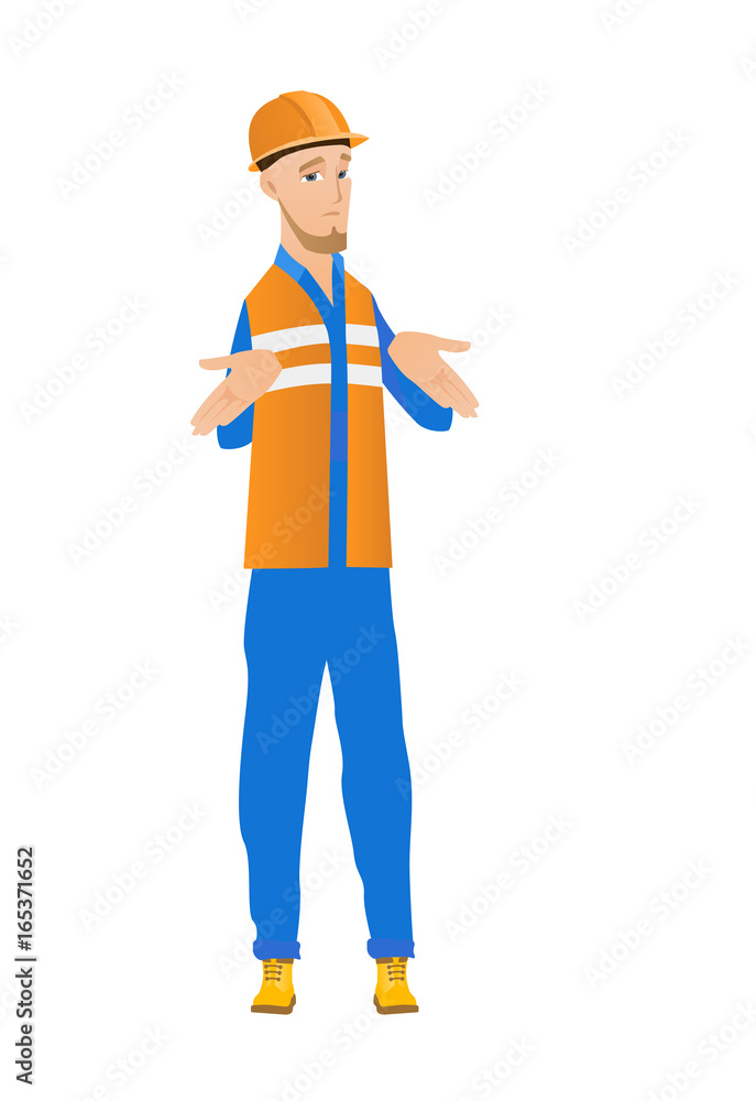 Confused caucasian builder shrugging shoulders. Confused caucasian builder shrugging shoulders.