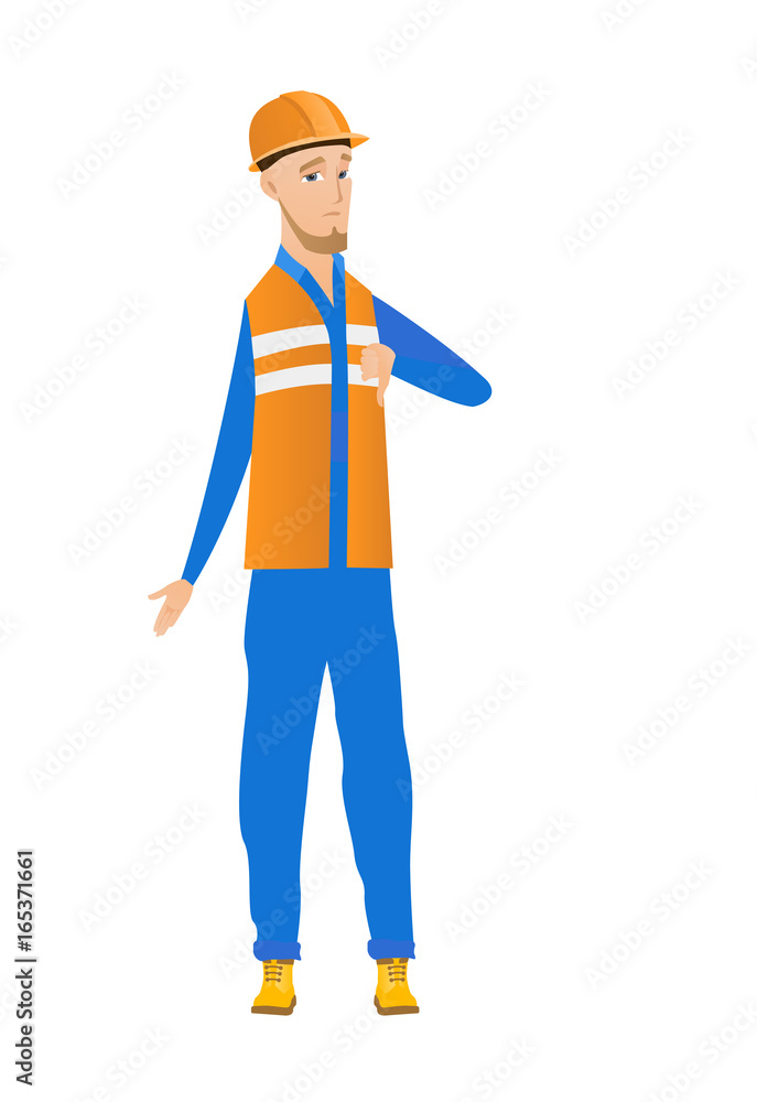Disappointed caucasian builder with thumb down. Disappointed caucasian builder with thumb down.