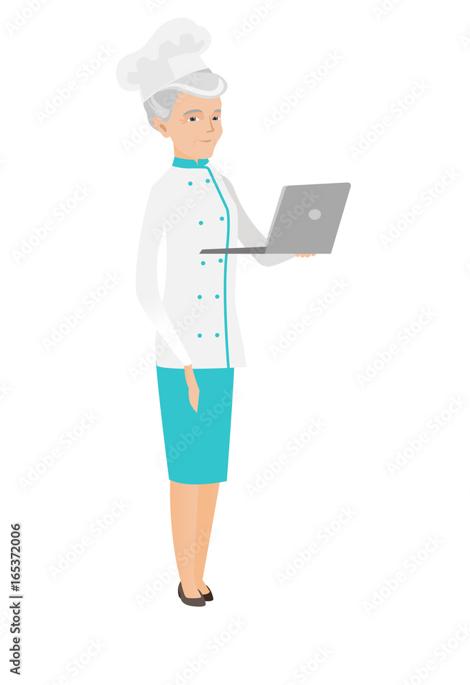 Seinor caucasian chef cook using a laptop. Seinor caucasian chef cook using a laptop.