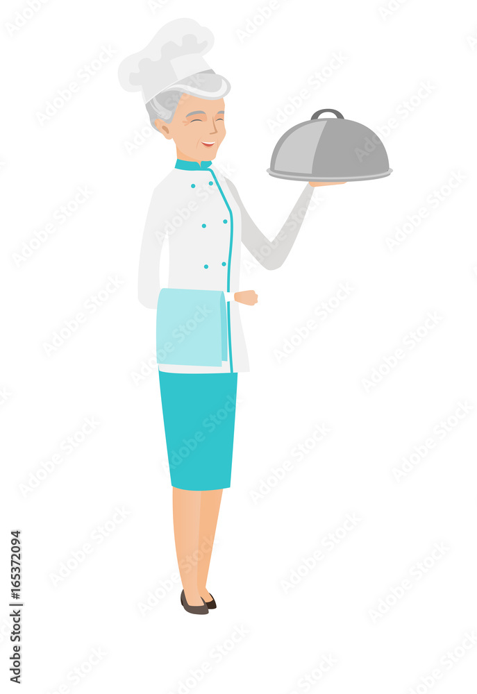 Senior caucasian chef holding towel and cloche. Senior caucasian chef holding towel and cloche.