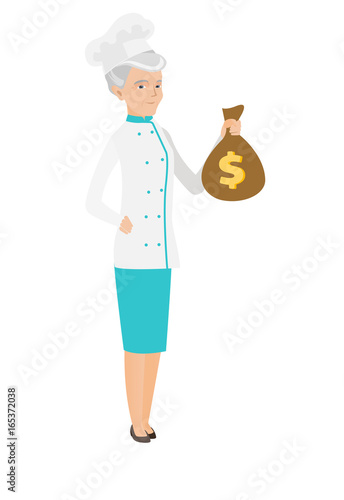 Seinor caucasian chef holding a money bag. photo