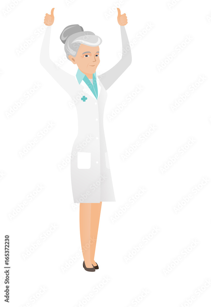 Caucasian doctor standing with raised arms up. Caucasian doctor standing with raised arms up.