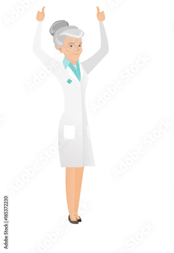 Caucasian doctor standing with raised arms up.