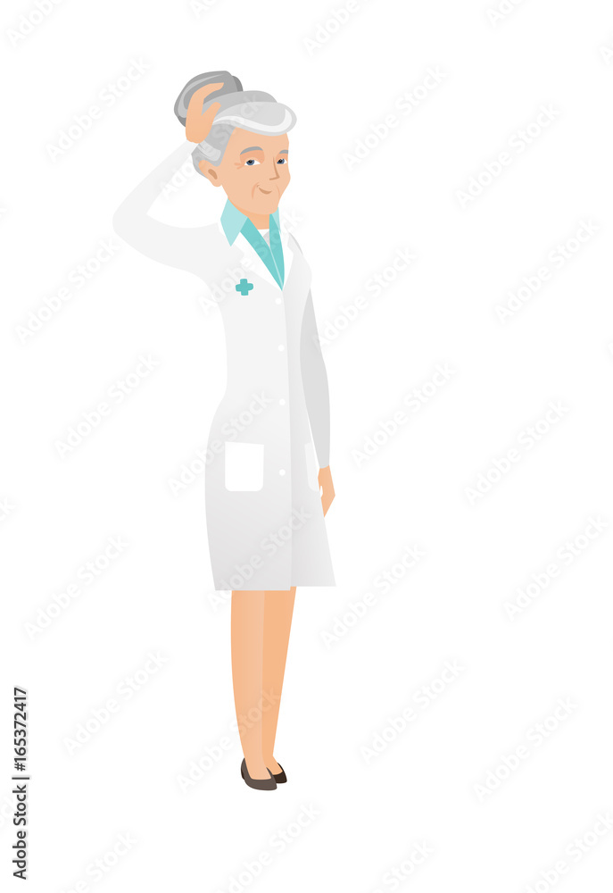 Senior caucasian doctor scratching her head. Senior caucasian doctor scratching her head.