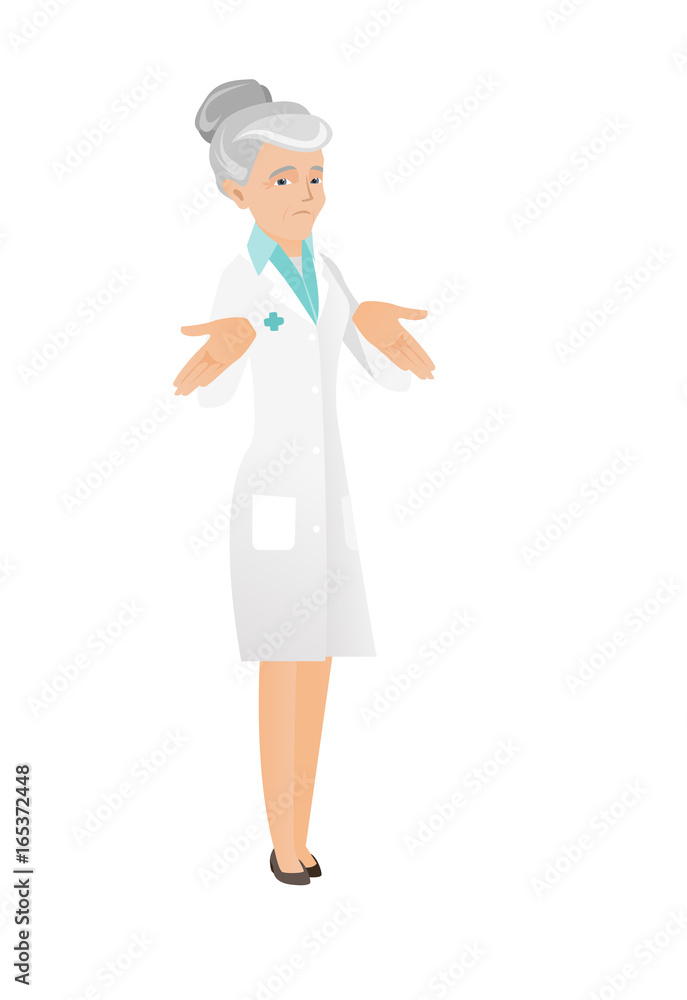Caucasian confused doctor shrugging shoulders. Caucasian confused doctor shrugging shoulders.